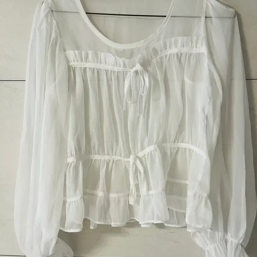 [BUNJANG] Chiffon See-Through Frill Blouse / 쉬폰 시스루 프릴 블라우스 화이트