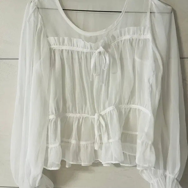 [BUNJANG] Chiffon See-Through Frill Blouse / 쉬폰 시스루 프릴 블라우스 화이트