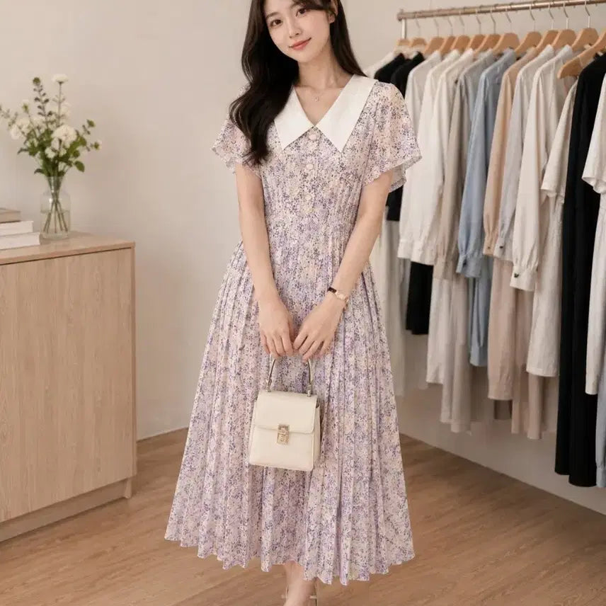[BUNJANG] Chiffon Floral Pattern Long Dress - Lavender / 쉬폰 플라워 패턴 롱 원피스 라벤더