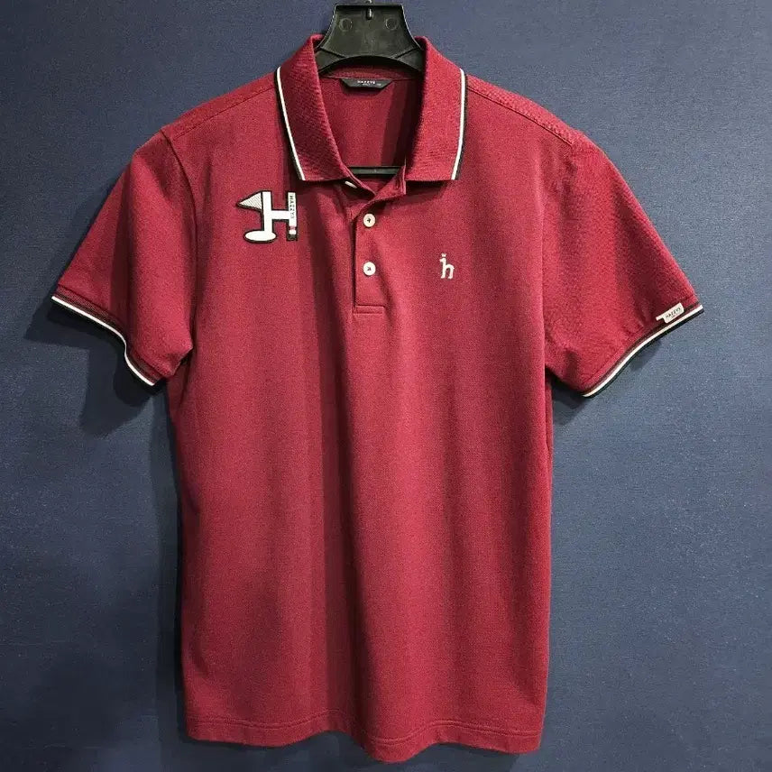 [BUNJANG] Hazzys Burgundy Men's Slim Fit 100 Golf Short-Sleeve Polo Shirt / 헤지스 버건디 남성 슬림핏 100 골프 카라반팔티