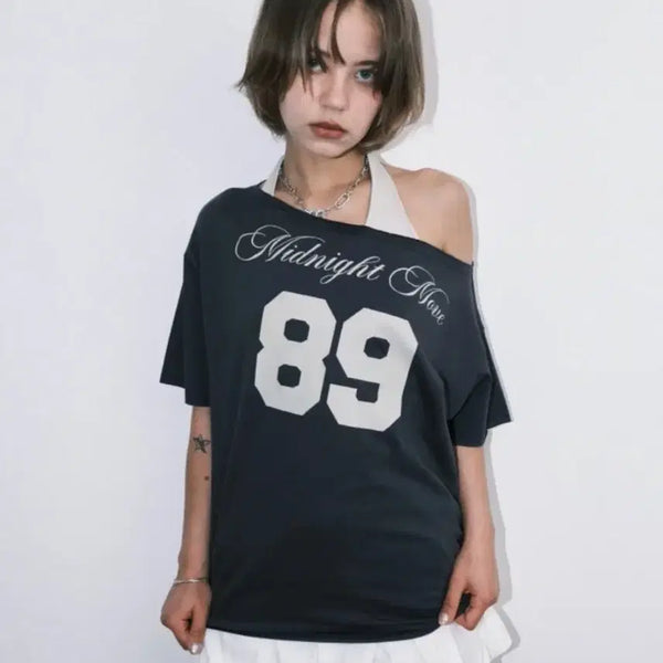 [BUNJANG] Midnight Move 89 Off-Shoulder T-Shirt (Dark Gray) / 미드나잇 무브 89 오프숄더 티셔츠 (다크 그레이)