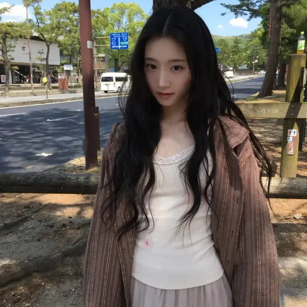 [BUNJANG] DABIN Striped Beaded Loose Hooded Shirt Jacket / 데이빈 스트라이프 비즈 루즈 후드 셔츠 자켓