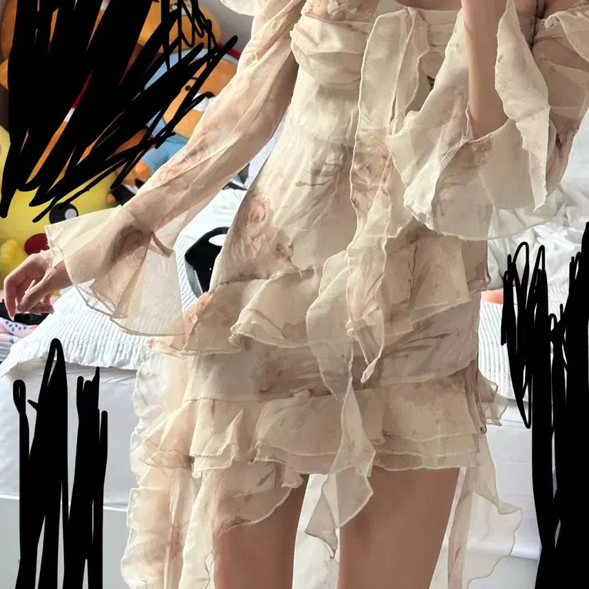 [BUNJANG] Chiffon Flower Tiered Dress / 쉬폰 플라워 캉캉 원피스