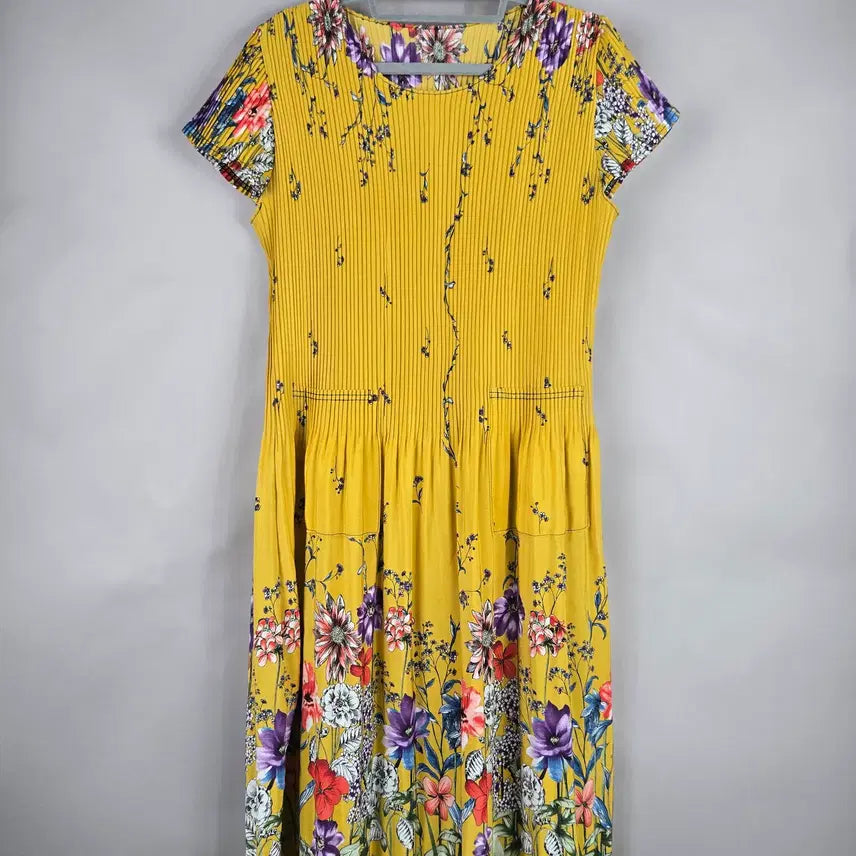 [BUNJANG] Women's Pleated Flower Short Sleeve Long Dress / [무료배송]여성 F 플리츠 플라워 반팔 롱 원피스