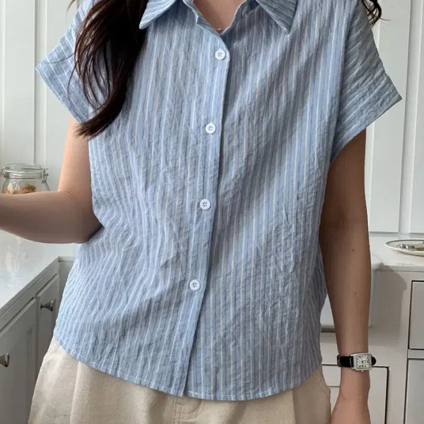 [BUNJANG] Light Blue Stripe Short Sleeve Shirt / 소라 스트라이프 반팔 셔츠