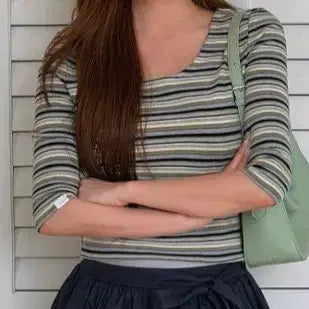 [BUNJANG] Roem Striped Scoop Neck T-Shirt / 로엠 스트라이프 스쿱넥 티셔츠