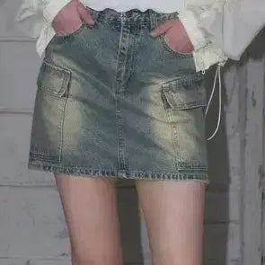 [BUNJANG] Ledery Cargo Denim Mini Skirt Vintage Blue S / 레더리 카고 데님 미니 스커트, 빈티지블루, s
