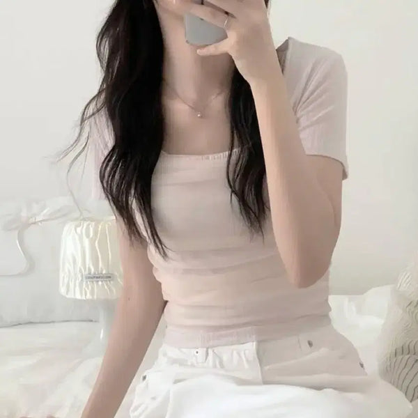 [BUNJANG] Square Shirring Short Sleeve T-Shirt / 스퀘어 셔링 반팔티 판매