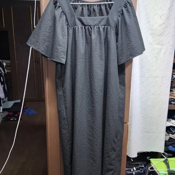 [BUNJANG] Square Neck Shirring Puff Sleeve Long Dress (Plus Size) / 스퀘어넥 셔링 퍼프 반팔 롱 원피스(빅사이즈)