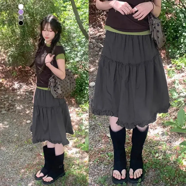 [BUNJANG] Frill Banding Midi Skirt Charcoal / 바스락 프릴 밴딩 미디 스커트 차콜색 판매 롱
