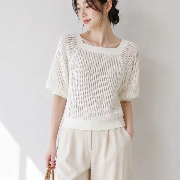 [BUNJANG] CELFORD Square Neck Balloon Sleeve Mesh Knit (White) / CELFORD 스퀘어넥 벌룬 소매 메쉬 니트 (FREE)