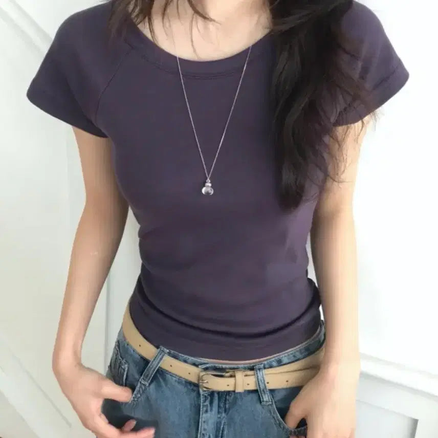 [BUNJANG] Round Neck Raglan Slim Fit Short Sleeve T-Shirt / 블랙) 유색 라유 나그랑 슬림 라운드 반팔 티셔츠