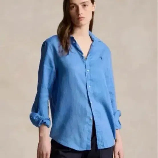 [BUNJANG] Polo Ralph Lauren Linen Shirt Women's L Riviera Blue / (마지막 가격내림) [새상품/정품인증 가능] 윈터, 김고은 폴로 셔츠 / 폴로 랄프로렌 린넨 셔츠 여성 L 리비에라 블루(네이비 로고)