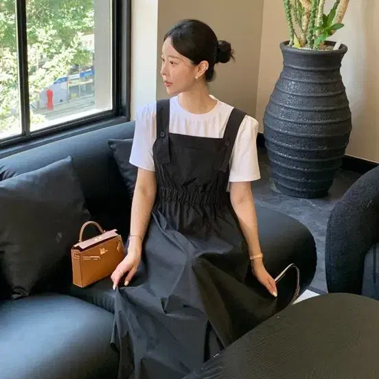 [BUNJANG] Bicini Crinkle Strap Dress (Black) / 바이씨니 바스락멜빵 원피스(블랙)