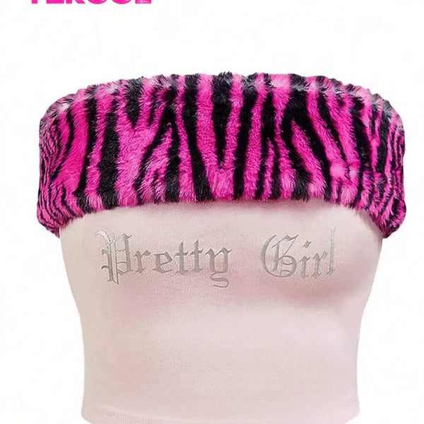 [BUNJANG] Pink Zebra Fur Tube Top Off-Shoulder Crop Top / Y2K 핑크 지브라 퍼 튜브탑 오프숄더 크롭탑