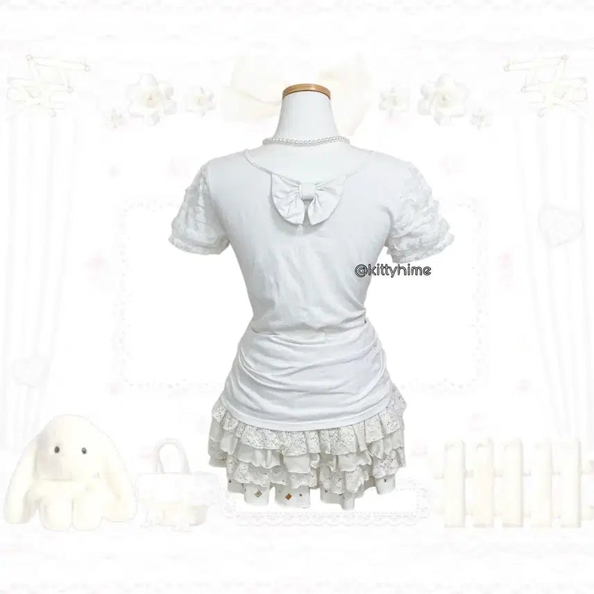 [BUNJANG] Sorridere White Frill Back Ribbon Lo-Gyal Top / Sorridere 화이트 프릴 백리본 로걀탑 히메갸루 러블리갸루 리본반팔