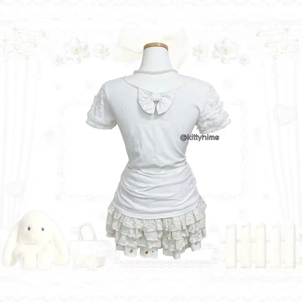 [BUNJANG] Sorridere White Frill Back Ribbon Lo-Gyal Top / Sorridere 화이트 프릴 백리본 로걀탑 히메갸루 러블리갸루 리본반팔