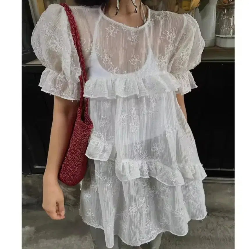 [BUNJANG] Puff Sleeve Lace See-through Dress / 퍼프소매 레이스 시스루 원피스
