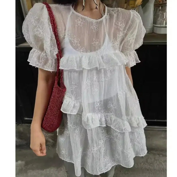 [BUNJANG] Puff Sleeve Lace See-through Dress / 퍼프소매 레이스 시스루 원피스