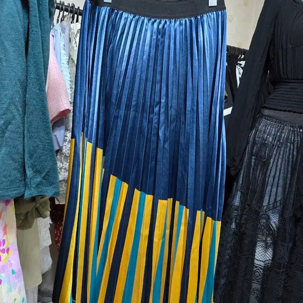 [BUNJANG] Pleated Colorblock Long Skirt / 플리츠 스커트 블루 옐로우 배색