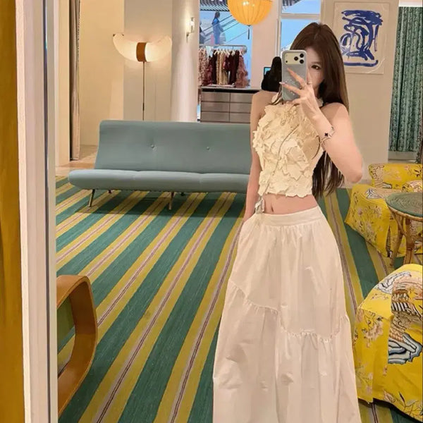 [BUNJANG] Crop Top Blouse and Long Skirt Two-Piece Set / 크롭탑 블라우스+롱스커트 투피스 세트 (새상품)