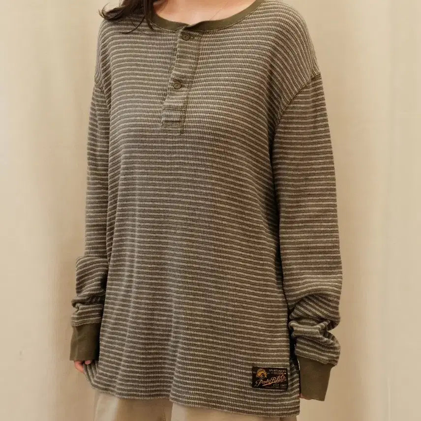 [BUNJANG] Polo Ralph Lauren Striped Waffle Knit Henry Shirt Khaki / 폴로 랄프로렌 스트라이프 와플 니트 헨리 셔츠 카키