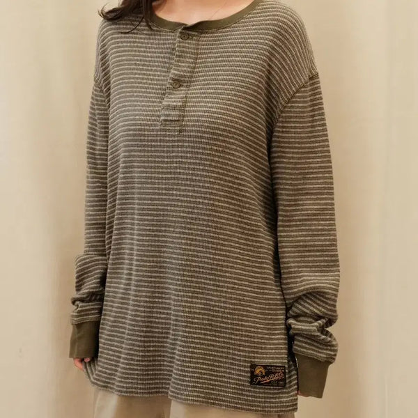 [BUNJANG] Polo Ralph Lauren Striped Waffle Knit Henry Shirt Khaki / 폴로 랄프로렌 스트라이프 와플 니트 헨리 셔츠 카키