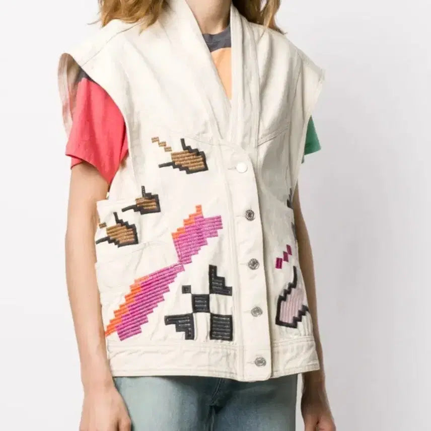 [BUNJANG] Embroidered Denim Vest (Size S) / 자수 데님 베스트 S