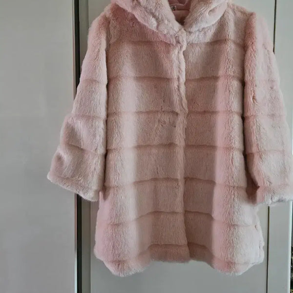 [BUNJANG] Pink Faux Fur Hooded Coat / 핑크색 페이크퍼 후드 코트