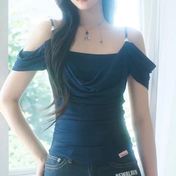 [BUNJANG] Newearlin Eve Draping Off-Shoulder Blouse Navy / 뉴얼린 Eve Summer Draping Off-Shoulder Blouse navy