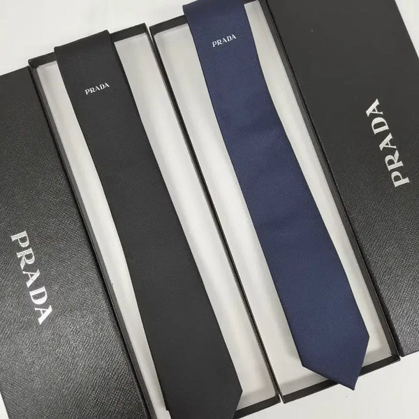 [BUNJANG] Prada Embroidered Logo Silk Necktie Set (Black & Navy) / 프라다 자수로고 넥타이 블랙&네이비