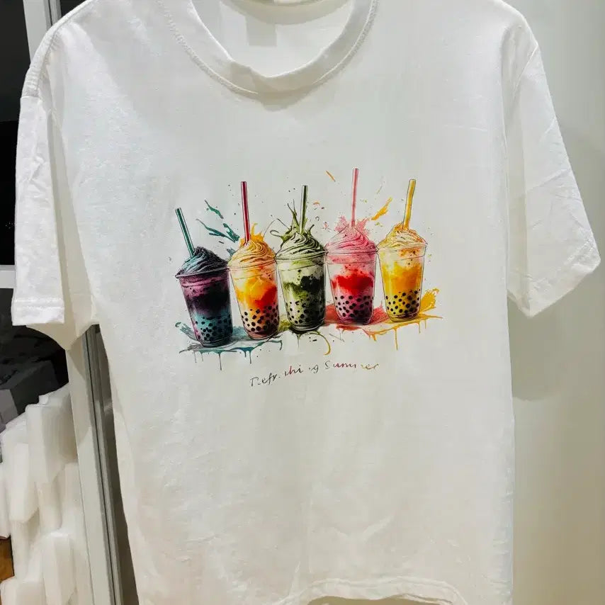 [BUNJANG] Pop Art Beverage Graphic T-Shirt - White / 반팔티 팝아트 음료수 프린팅