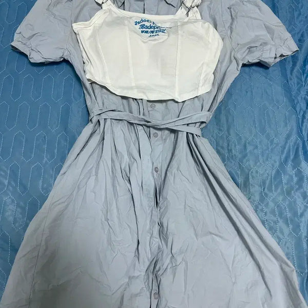 [BUNJANG] Sky Blue Short Sleeve Dress with White Camisole Top Set / 하늘색 반팔 원피스+흰색 뷔스티에 나시 탑