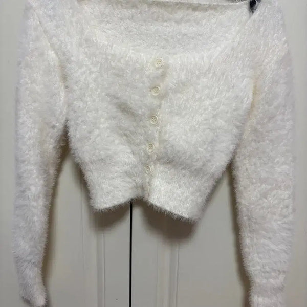 [BUNJANG] White Fur Cropped Cardigan / 화이트 퍼 가디건