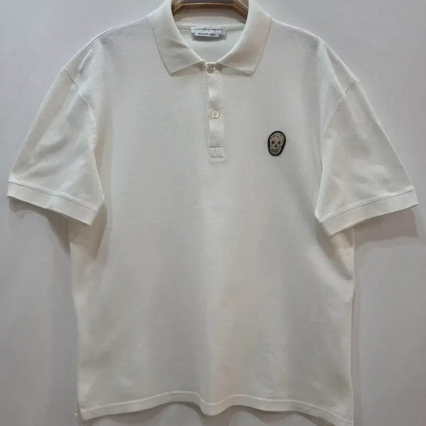 [BUNJANG] Alexander McQueen Skull Embroidered White Pique Short Sleeve Polo Shirt / (정품)알렉산더 맥퀸 해골 자수 반팔 카라티 화이트
