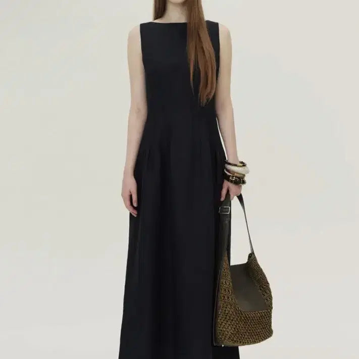 [BUNJANG] Kume Linen Boat Neck Pintuck Dress Navy S / Kume 쿠메 린넨 보트넥 핀턱 드레스 네이비s