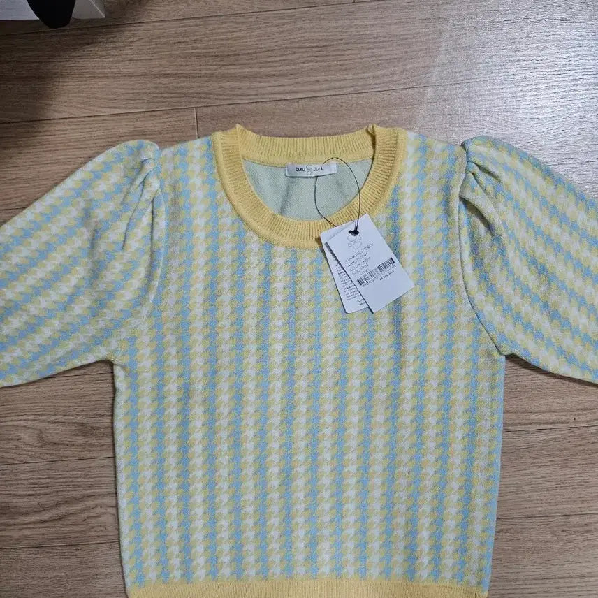 [BUNJANG] Booncle Check Puff Knit Yellow / 부앤클 체크 퍼프 니트 옐로우 새제품