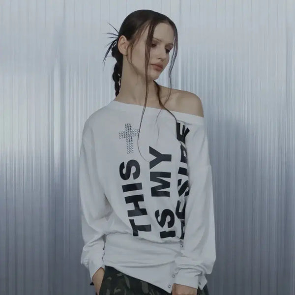[BUNJANG] EXO Bold Lettering Loose One-Shoulder Top / 셋업이엑스이 볼드 레터링 루즈 탑 원숄더