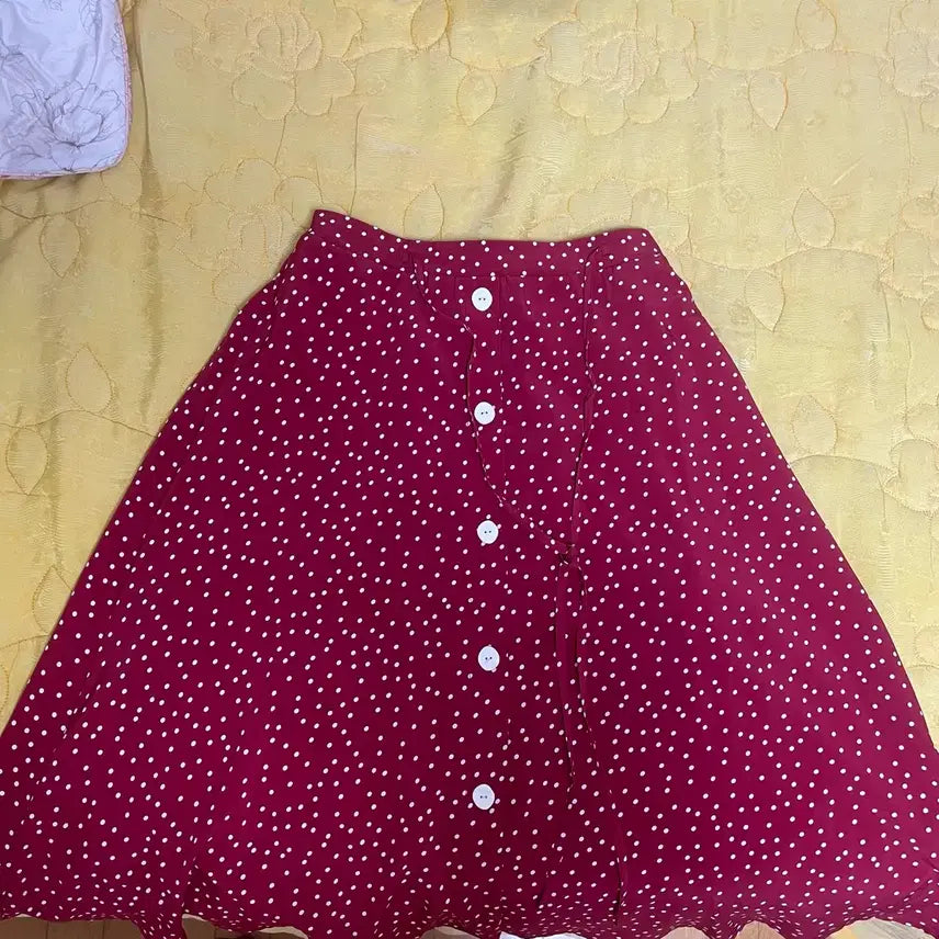 [BUNJANG] Leshop Red Dot Button Long Skirt / 르샵 레드 도트 버튼 롱 스커트