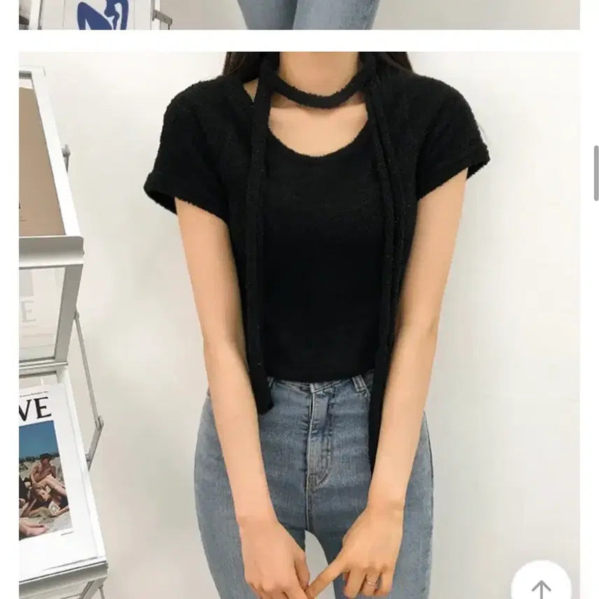 [BUNJANG] Slim Fit Short Sleeve T-Shirt with Scarf Set / 딱붙 여리 반팔 스카프 세트 지그재그에이블리