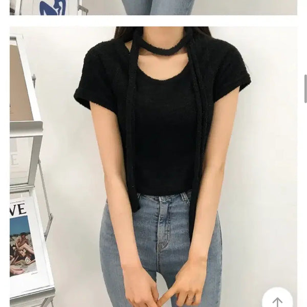 [BUNJANG] Slim Fit Short Sleeve T-Shirt with Scarf Set / 딱붙 여리 반팔 스카프 세트 지그재그에이블리