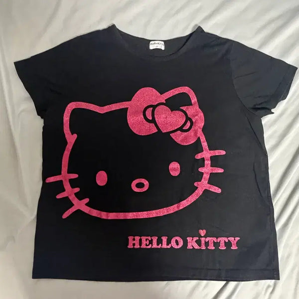[BUNJANG] Hello Kitty Sparkle Printing Short Sleeve T-Shirt Black / 헬로키티 반짝이 프린팅 반팔 티셔츠 블랙