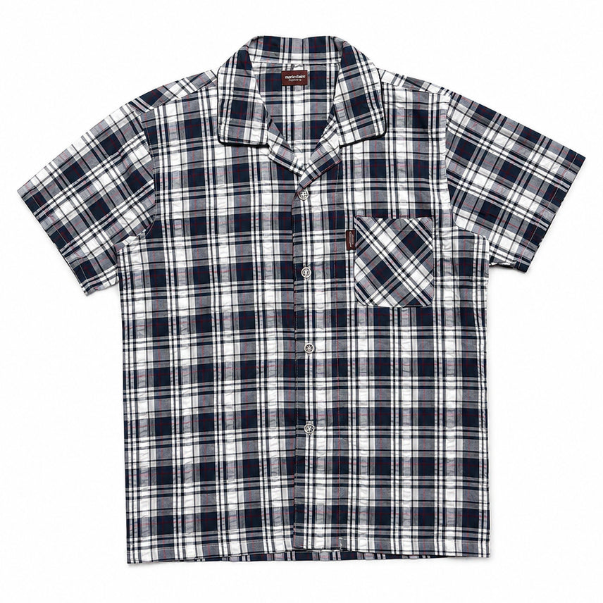 [BUNJANG] Marie Claire Homme Seersucker Check Open Collar Short Sleeve Shirt M / JPN 일본 빈티지 Y2K 모리걸 시어서커 체크 오픈카라 반팔셔츠 M