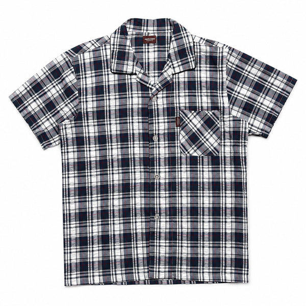 [BUNJANG] Marie Claire Homme Seersucker Check Open Collar Short Sleeve Shirt M / JPN 일본 빈티지 Y2K 모리걸 시어서커 체크 오픈카라 반팔셔츠 M