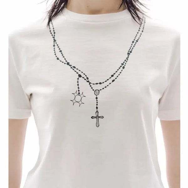 [BUNJANG] White T-Shirt with Cross Necklace Print / 반팔티 십자가 목걸이 프린팅 흰색