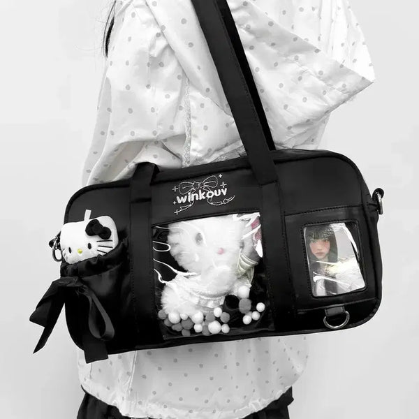 [BUNJANG] Wink OUV Plush Doll Ita Bag Crossbody Shoulder Bag with Ribbon - Black / 중브 wink ouv 누이 누이구루미 인형 포카 포토카드 이타바 이타백 크로스백 숄더백 리본 가방 블랙 검정 서브컬처 섭컬 오타카츠 오시카츠 오타쿠