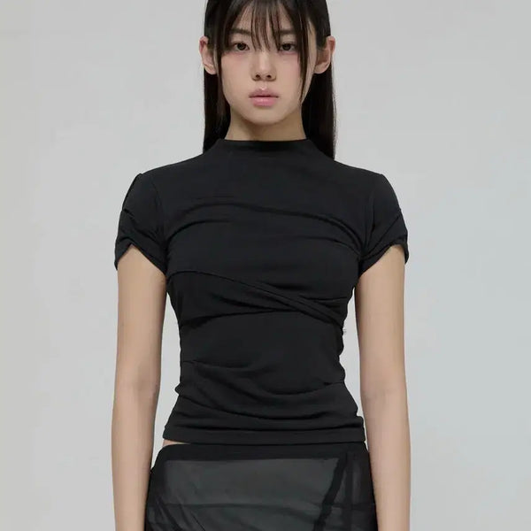 [BUNJANG] Flareup Asymmetrical Draped Mock Neck T-shirt Black / 플레어업 Asymmetrical 드레이프 모크넥 티셔츠 블랙