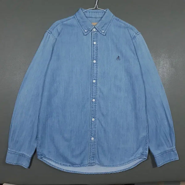 [BUNJANG] Beanpole 20FW 3-Color Blocking Logo Button-Down Denim Shirt / L (100) 빈폴 신형 20FW 3도 배색 로고 버튼다운 데님 셔츠 남방