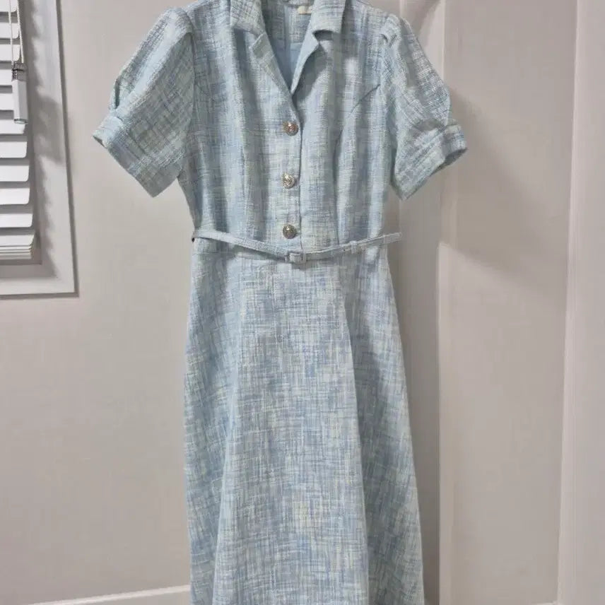 [BUNJANG] Sky Blue Tweed Long Dress with Belt Set / 롱 원피스