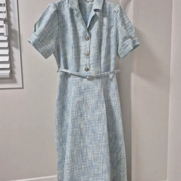 [BUNJANG] Sky Blue Tweed Long Dress with Belt Set / 롱 원피스